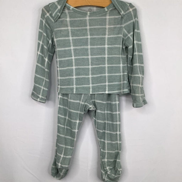 Size 0-3m: Solly Baby Green/White Grid Bamboo 2pc Footy PJs