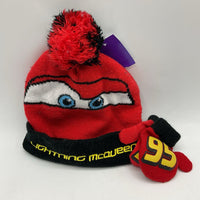 Size OS: Red/Black Lightning McQueen Puff Ball Beanie Mittens