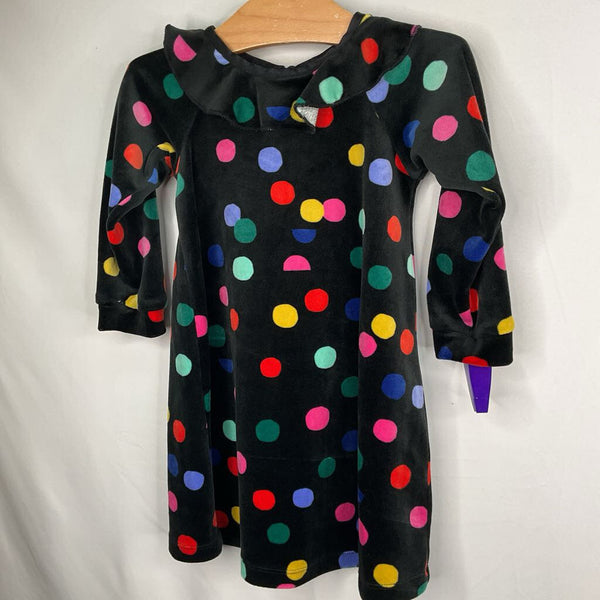 Size 2 (85): Hanna Andersson Black/Colorful Dots Ruffle Trim Velour Long Sleeve Dress