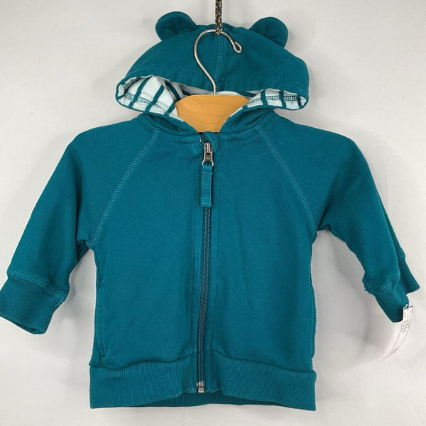 Size 6-12m (70): Hanna Andersson Teal Teddy Ear Zip-Up Hoodie