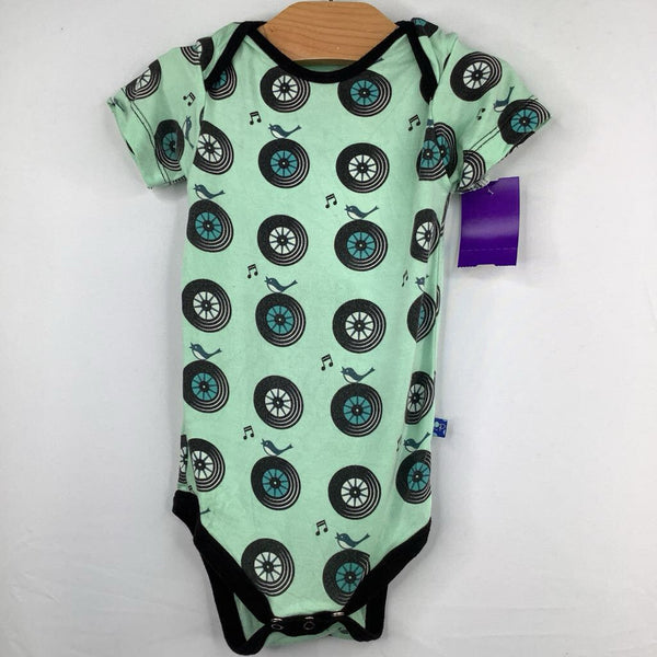 Size 6-12m: Kickee Pants Green/Black/White Wheels/Birds Bamboo Onesie