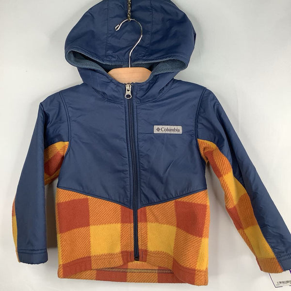 Size 3: Columbia Navy/Orange Plaid Fleece/Nylon Hooded Zip-Up Coat