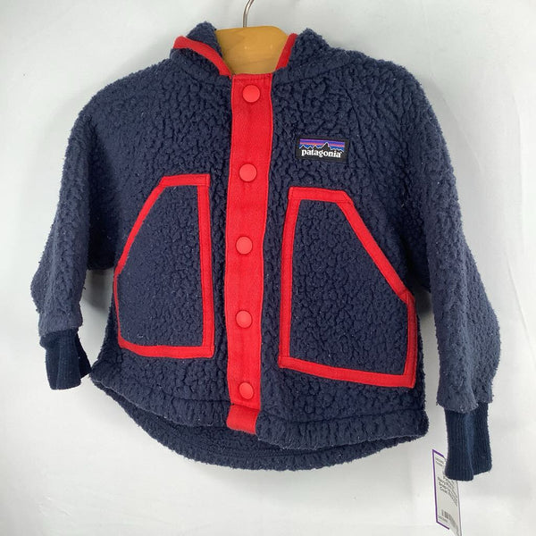 Size 6-12m: Patagonia Navy/Red Sherpa Snap-Up Hooded Coat REDUCED