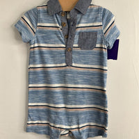 Size 3-6m: Old Navy Blue/White.Orange Striped Snap-Up Shorty Romper