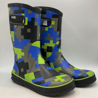 Size 5Y: Bogs Black/Green/Grey/Blue Print Rain Boots NEW