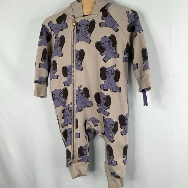 Size 3-6m: Mini Rodini Grey/Blue Elephants Hooded Zip-Up Romper