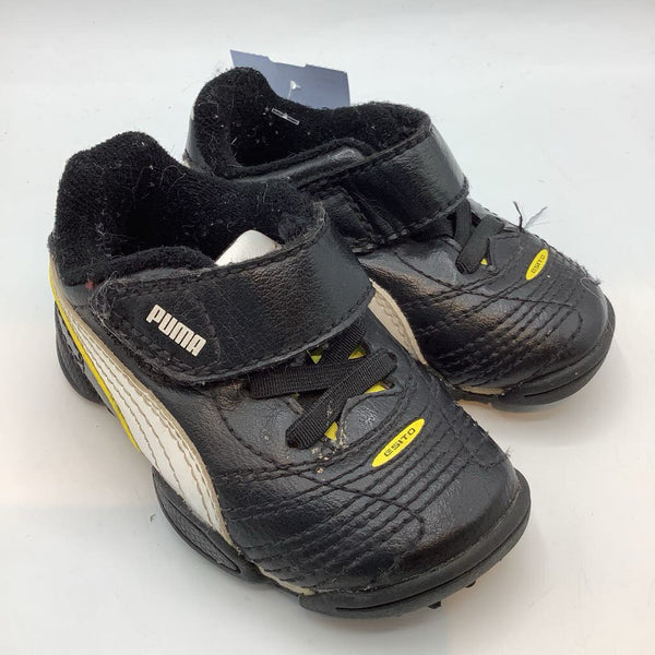 Size 4: Puma Black/White/Yellow Velcro Strap Athletic Sneakers