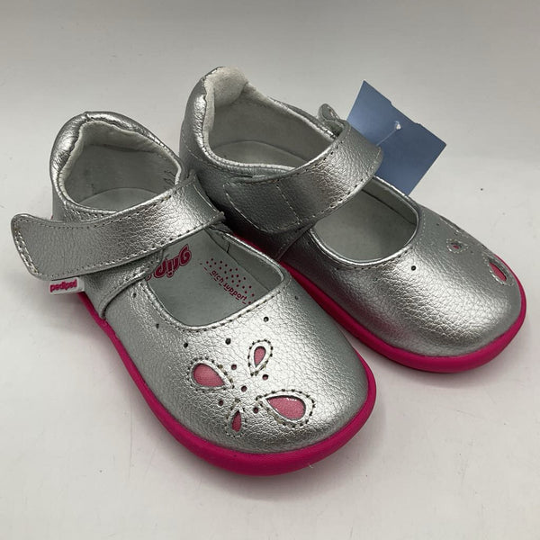 Size 6-6.5: Pediped Antoinette SILVER Mary Jane Velcro Shoes NEW