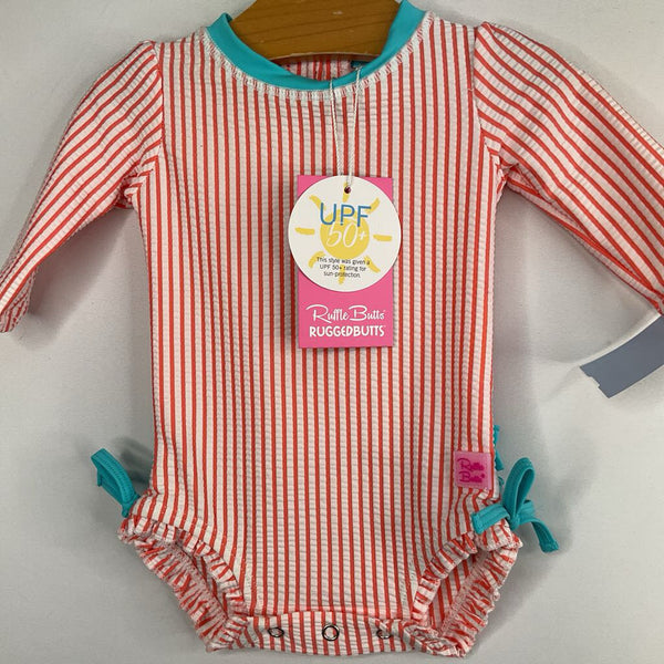 Size 0-3m: Ruffle Butts Pink/White/Blue Striped 1pc Rash Guard Suit NEW w/ Tags