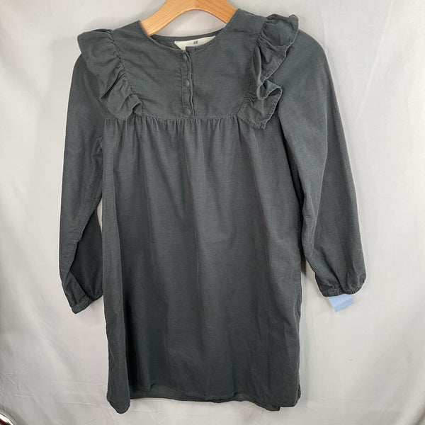 Size 10: H&M Grey Corduroy Ruffle Trim Long Sleeve Dress