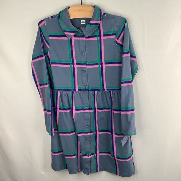 Size 5: Tea Blue/Multicolor Plaid Long Sleeve Button-Up Dress