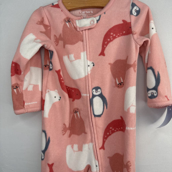 Size 9m: Carter's Pink/White/Grey Arctic Animals Fleece Zip-Up Footy PJs