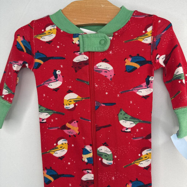 Size NB: Hanna Andersson Red/Colorful Winter Birds Organic Cotton 1pc Zip-Up Holiday PJs