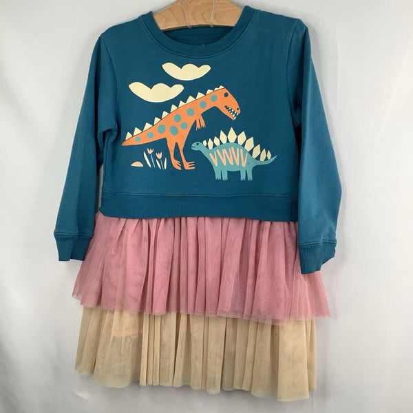 Size 6-7: Piccolina Blue/Pink Dinos Tulle Skirt Long Sleeve Dress