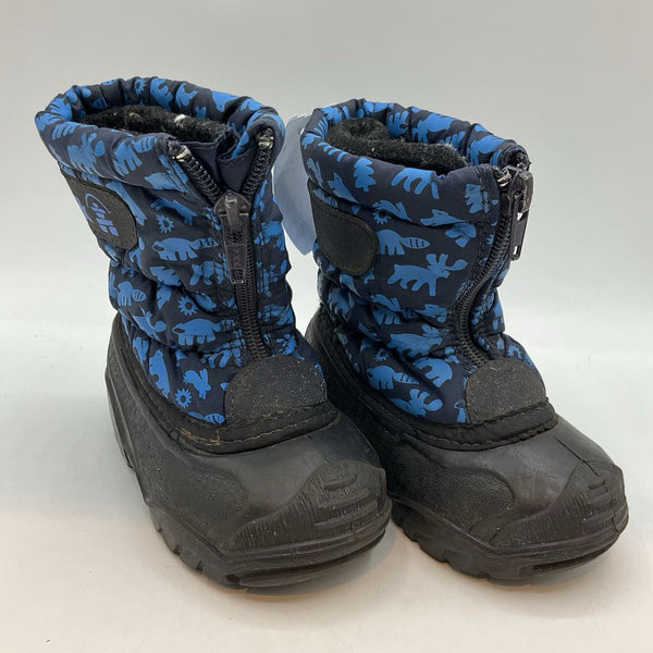 Size 5: Kamik Black/Blue Woodland Critters Zip-Up Snow Boots