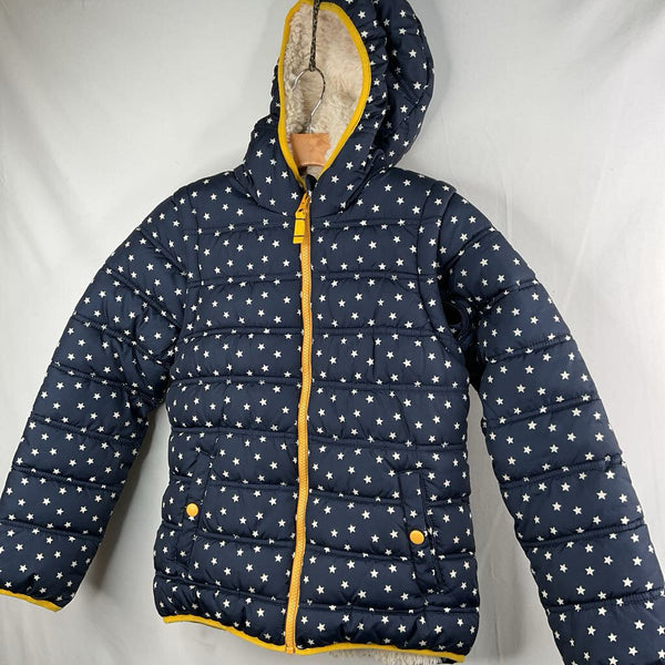 Size 9-10: Boden Navy/Yellow/White Stars Sherpa Lined Poly Fill Coat