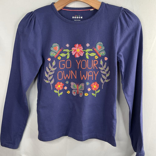 Size 9-10: Mini Boden Blue "Go Your Own Way" Embroidered Long Sleeve Shirt