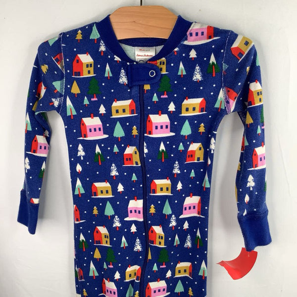 Size 3 (90): Hanna Andersson Blue/Colorful Winter Village 1pc Zip-Up Holiday PJs