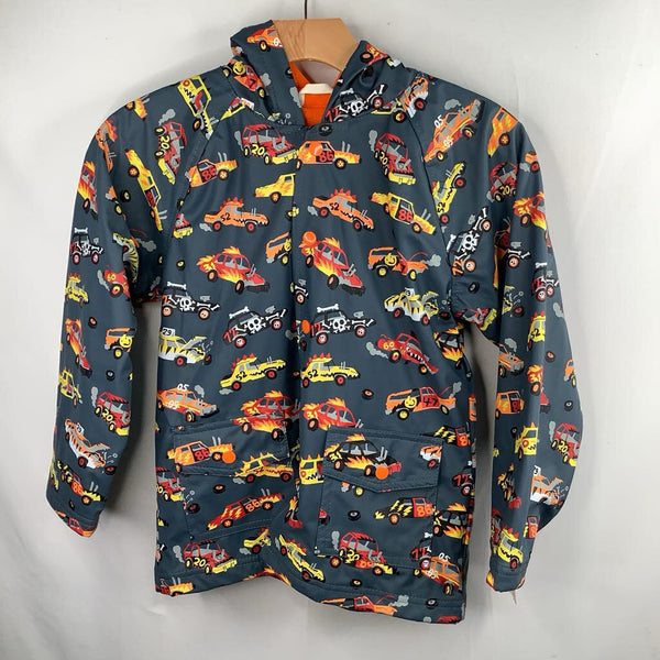 Size 7: Hatley Grey/Colorful Demolition Derby Terry Cloth Lined Rain Coat