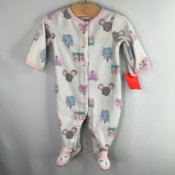 Size 3m: Carter's White/Colorful Animals 1pc Fleece Snap-Up Footy PJs