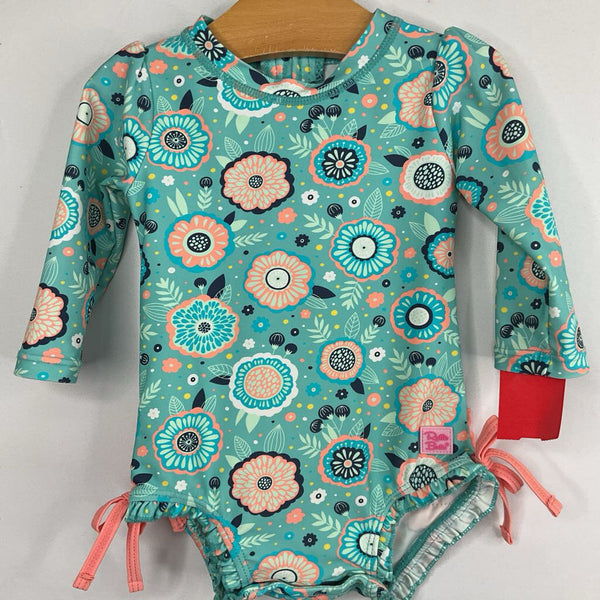 Size 6-12m: Ruffle Butts Blue/Orange Floral 1pc Rash Guard Suit