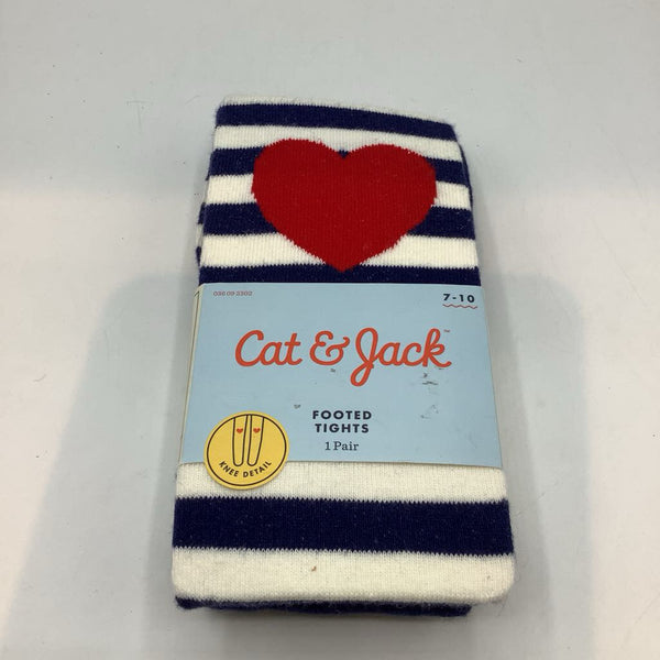 Size 7-10: Cat & Jack Navy/White/Red Stripes/Heart Footed Tights