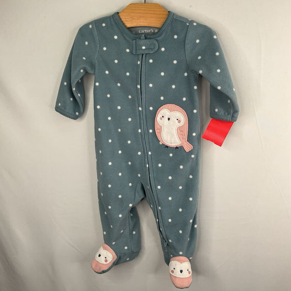 Size 3m:Carter's Blue/White/Pink Dots/Owl Fleece Zip-Up Footy PJs