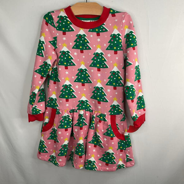 Size 6-7: Boden Pink/Colorful Christmas Trees Sweatshirt Dress