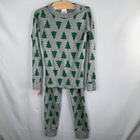 Size 6-7 (120): Hanna Andersson Grey/Green Trees Organic Cotton 2pc Holiday PJs