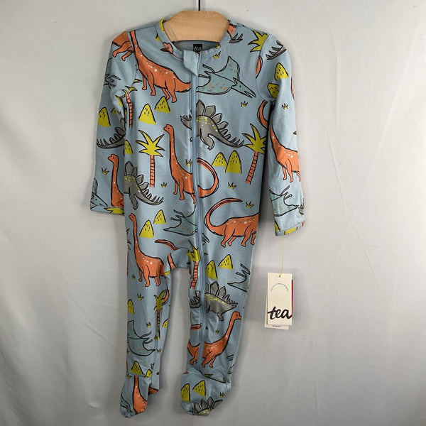 Size 6-9m: Tea Blue/Colorful Dinos 1pc Zip-Up Footy PJs NEW w/ Tags