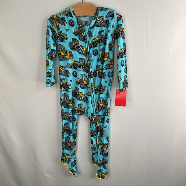 Size 6-9m: Bums & Roses Blue/Yellow Construction Vehicles1pc Zip-Up Footy PJs NEW w/ Tags