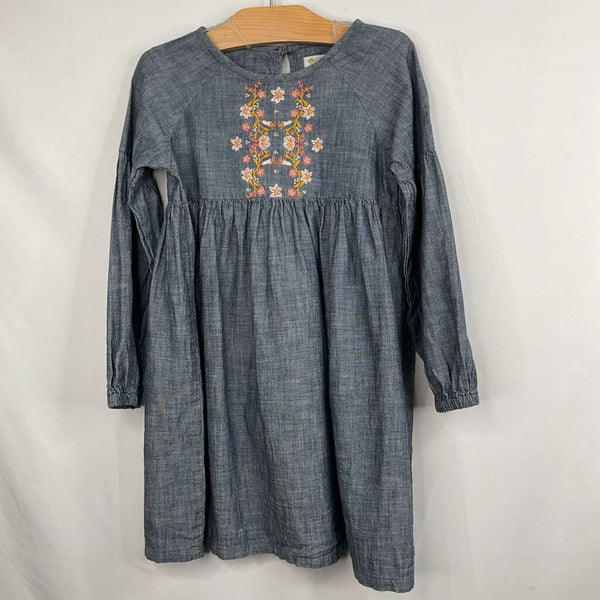 Size 5: Tea Blue/Pink/Yellow Embroidered Floral Chambray Long Sleeve Dress