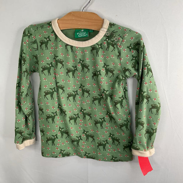 Size 3-4: Little Green Radicals Green/Red Floral Doe Print Long Sleeve Shirt