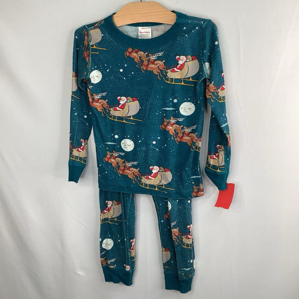 Size 4 (100): Hanna Andersson Blue/Colorful Santa and His Sleigh Organic Cotton 2pc Holiday Pjs