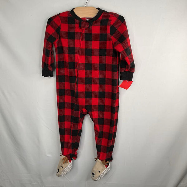 Size 18m: Carter's Red/Black Plaid Reindeer 1pc Holiday Footy PJs