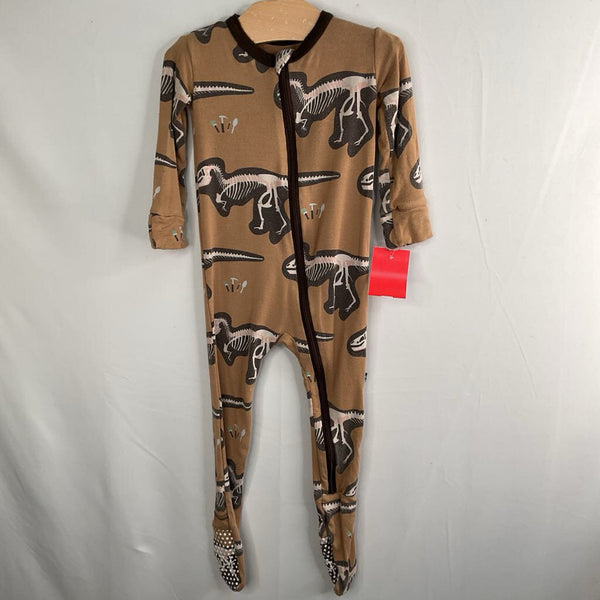 Size 9-12m: Kickee Pants Brown Dino Dig Bamboo 1pc Zip-Up Footy Pjs