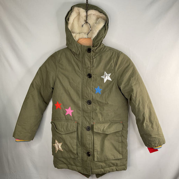 Size 7-8: Boden Green/Colorful Stars Fleece Lined Parka