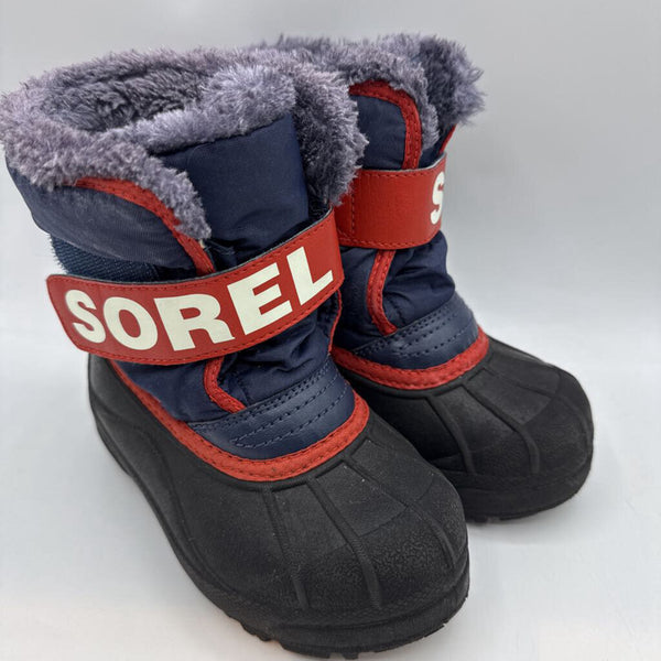 Size 10: Sorel Blue/Red Trim Fleece Lined Velcro Strap Snow Boots