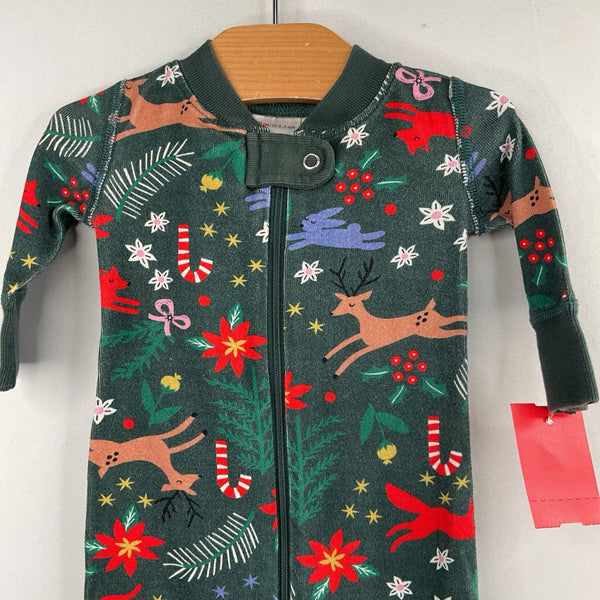 Size 0-3m (50): Hanna Andersson Green/Colorful Woodland Winter Organic Cotton 1pc Zip-Up Holiday PJs