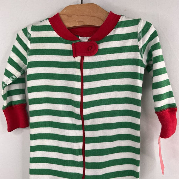 Size 6-9m (60): Hanna Andersson Green/White/Red Trim Striped Organic Cotton 1pc Zip-Up Holiday PJs