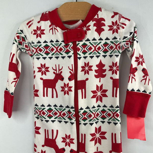 Size 6-12m (70): Hanna Andersson White/Red/Green Snowflakes/Reindeer Organic Cotton 1pc Zip-Up Holiday PJs