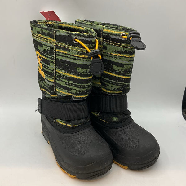 Size 12: Kamik Green/Yellow/Black Print Velcro/Toggle Snow Boots