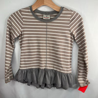 Size 8 (130): Hanna Andersson Grey/White Striped Ruffle Trim Long Sleeve Shirt