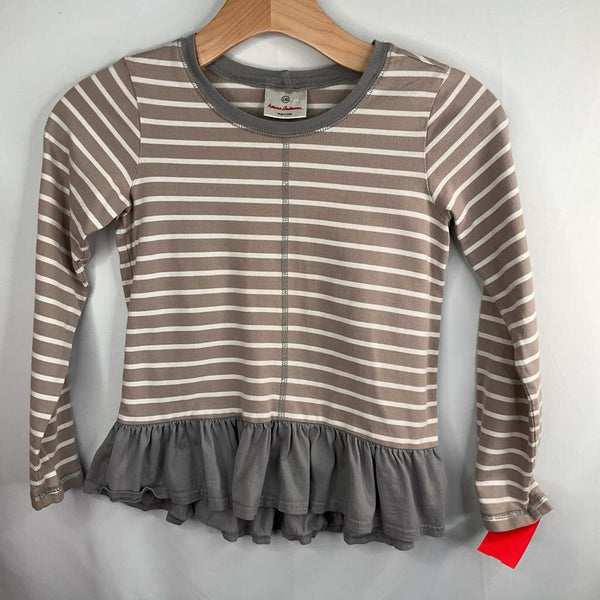 Size 8 (130): Hanna Andersson Grey/White Striped Ruffle Trim Long Sleeve Shirt