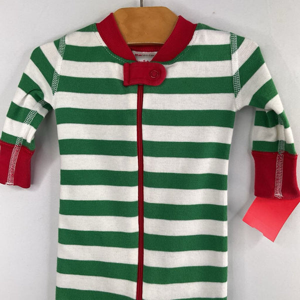 Size 0-3m (50): Hanna Andersson Green/White/Red Trim Striped Organic Cotton 1pc Zip-Up Holiday PJs