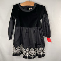 Size 3: Tea Black/White Embroidered Trim Long Sleeve Fancy Dress