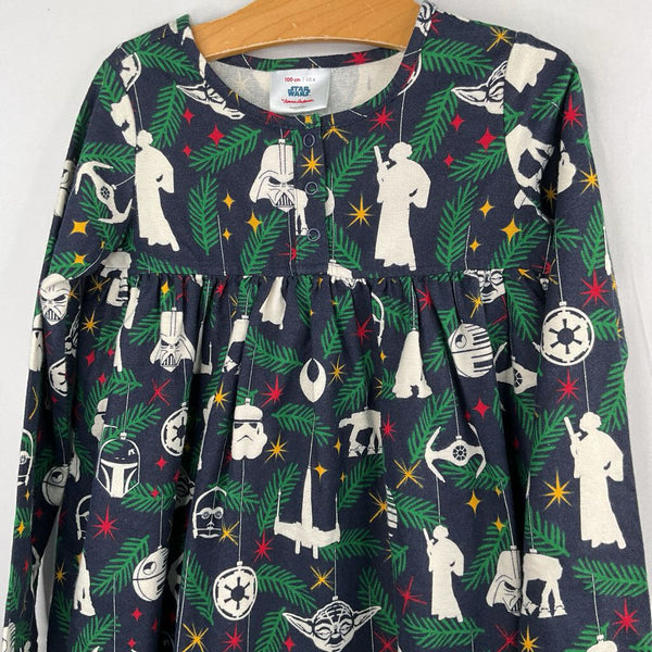 Size 4 (100): Hanna Andersson Navy/Colorful Star Wars Ornaments Gnomes Flannel Holiday Dress