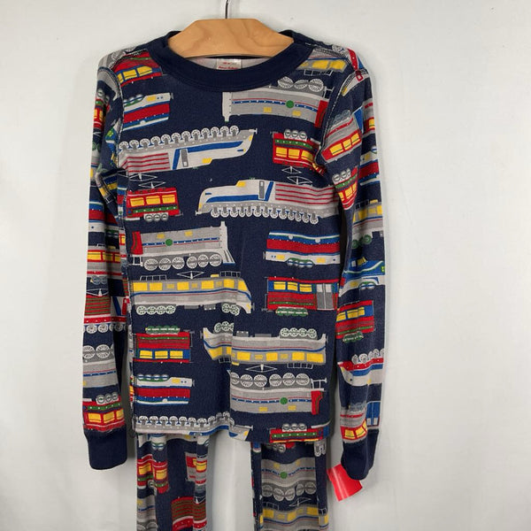 Size 8 (130): Hanna Andersson Navy/Colorful Trains Organic Cotton 2pc PJs