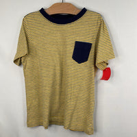 Size 6-7 (120): Hanna Andersson Yellow/Grey/Navy Trim Striped T-Shirt