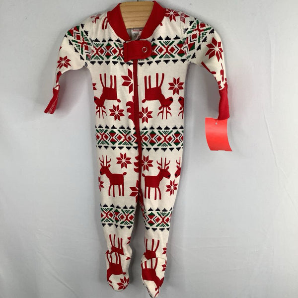 Size NB: Hanna Andersson Red/White/Green Fair Isle Reindeer Organic Cotton 1pc Zip-Up Footy Holiday PJs